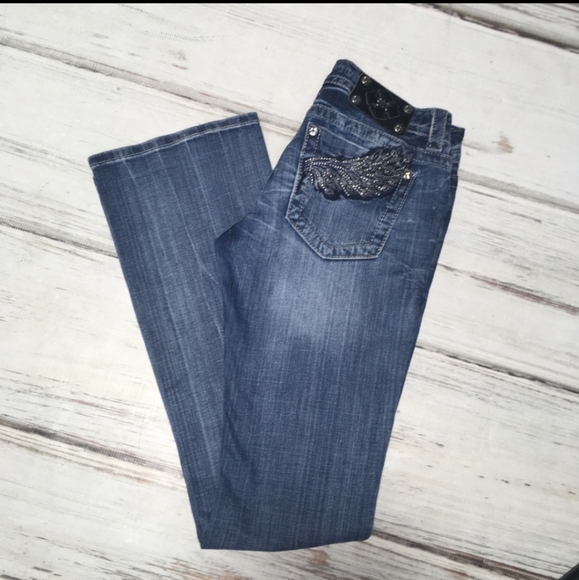 Miss Me Jeans Angel Wing Bootcut Distressed Low Rise Size 28 - Picture 2 of 3